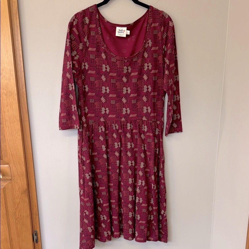 Mata Traders Ethical Fashion Cotton Dress | sz L | Maroon Geometric Print | EUC
